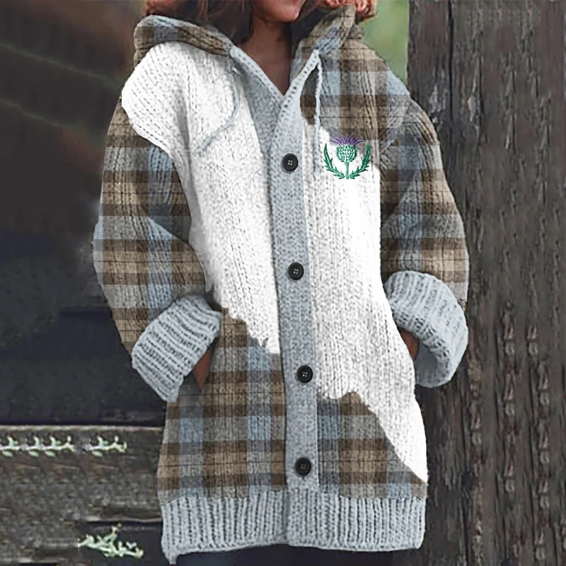 Vintage Scotland Plaid Thistle Embroidery Knit Hooded Sweater Cardigan