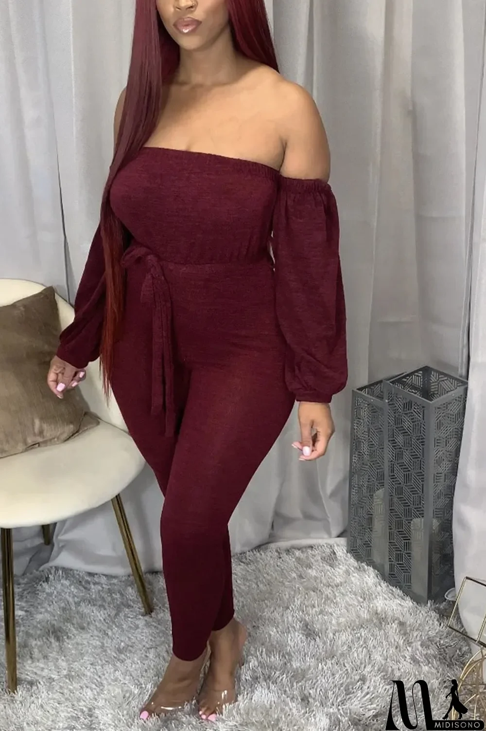 MidiSono - Wine Red Fashion Sexy Polyester Solid Frenulum Pants With Belt Bateau Neck Skinny Jumpsuits