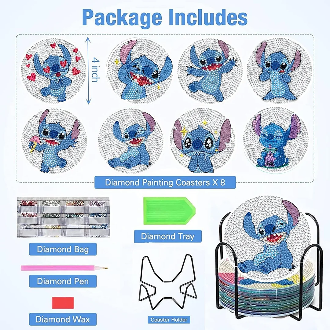 8pcs DIY Dazzling Holiday Wooden Single Sided Diamond Painting Art Coasters Kits with Holder