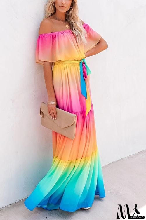MidiSono - Gradient Off Shoulder Belted Maxi Dress