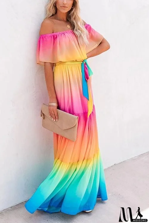 MidiSono - Gradient Off Shoulder Belted Maxi Dress