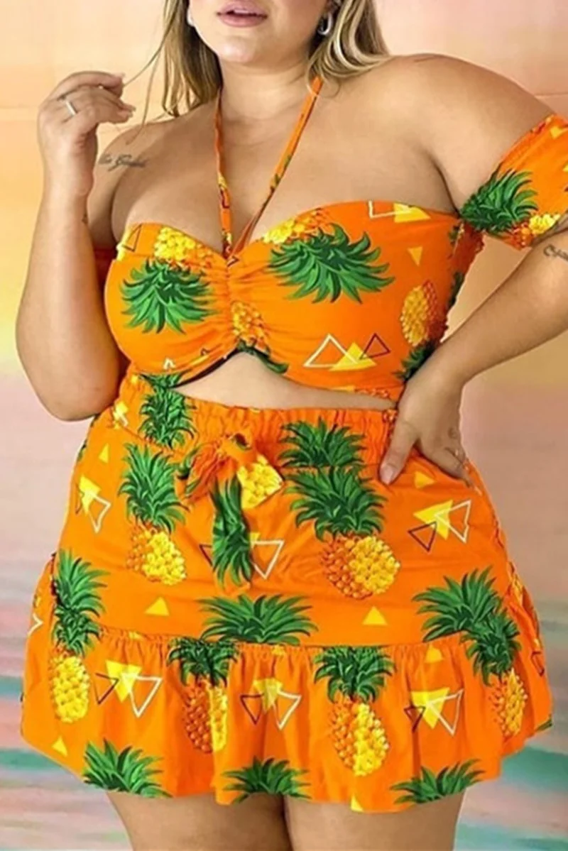 Yellow Fashion Sexy Print Backless Strapless Plus Size Two Pieces | EGEMISS