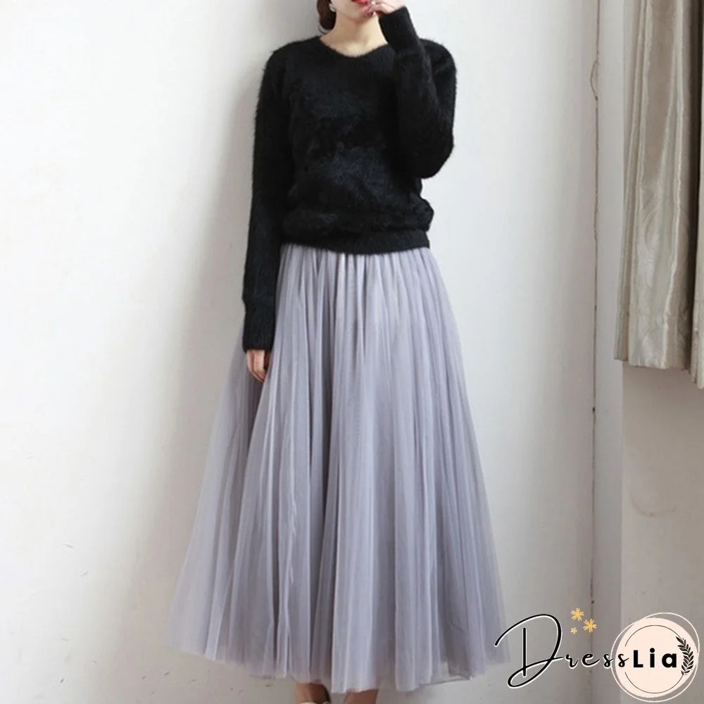 Three-Layer Fashion Tulle Skirts Women Summer Elastic High Waist Long Mesh Skirt Maxi Pleated Skirt