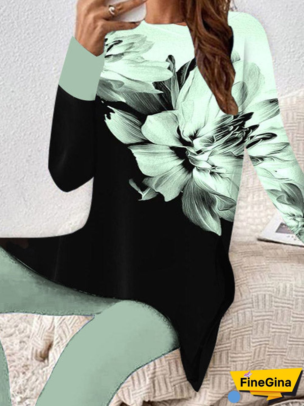 Women Casual Long Sleeve Round Neck Floral Printed Two-Piece Set