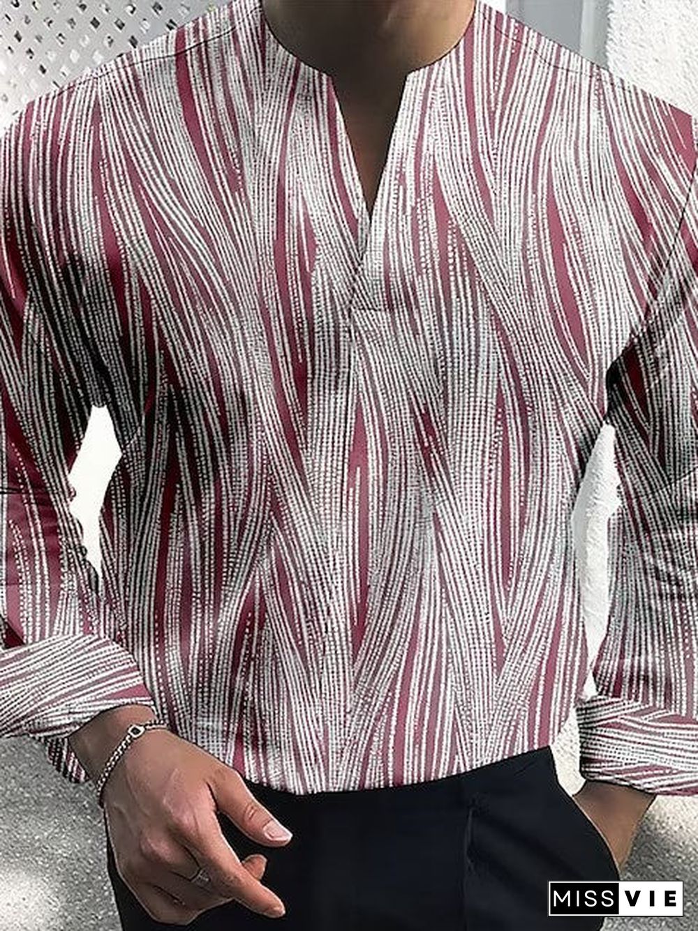 Men Long Sleeve V-neck Striped Printed Shirts