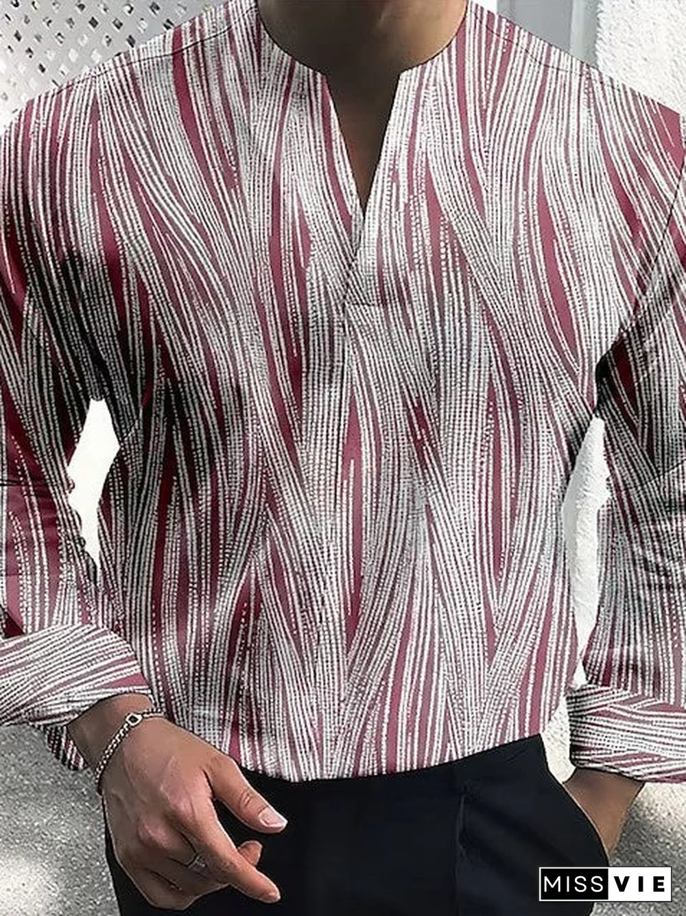 Men Long Sleeve V-neck Striped Printed Shirts