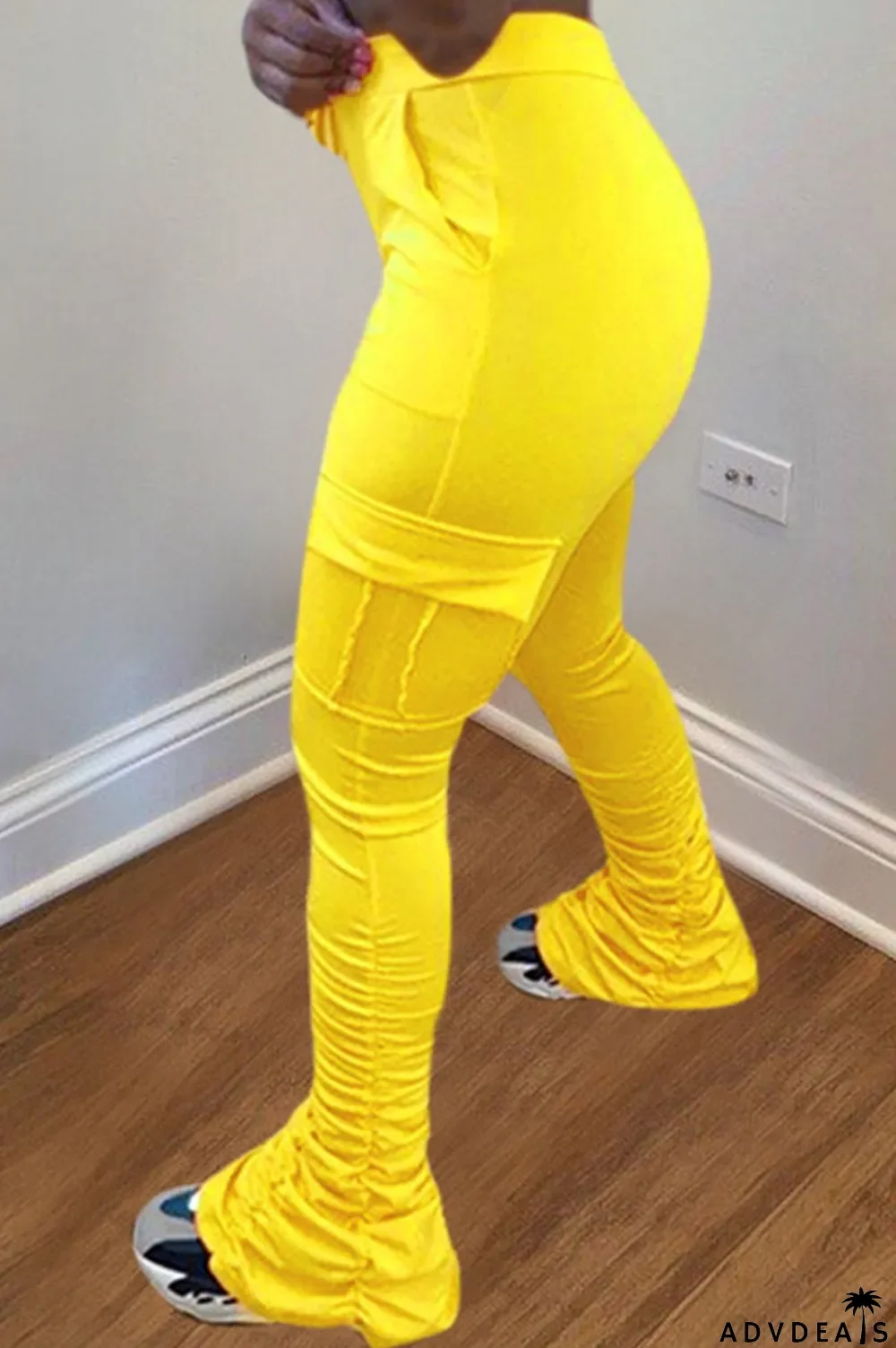 Orange Drawstring High Solid Pocket Draped Boot Cut Pants Bottoms