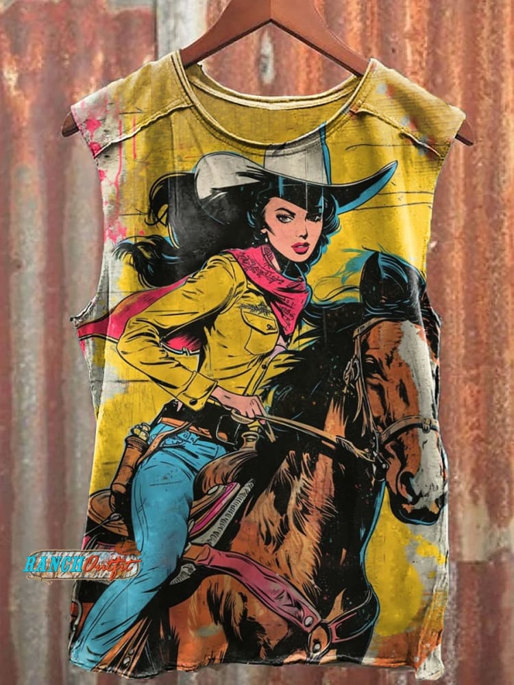Vintage Horse Riding Cowgirl Art Print Casual Tank Top Multicolor / S