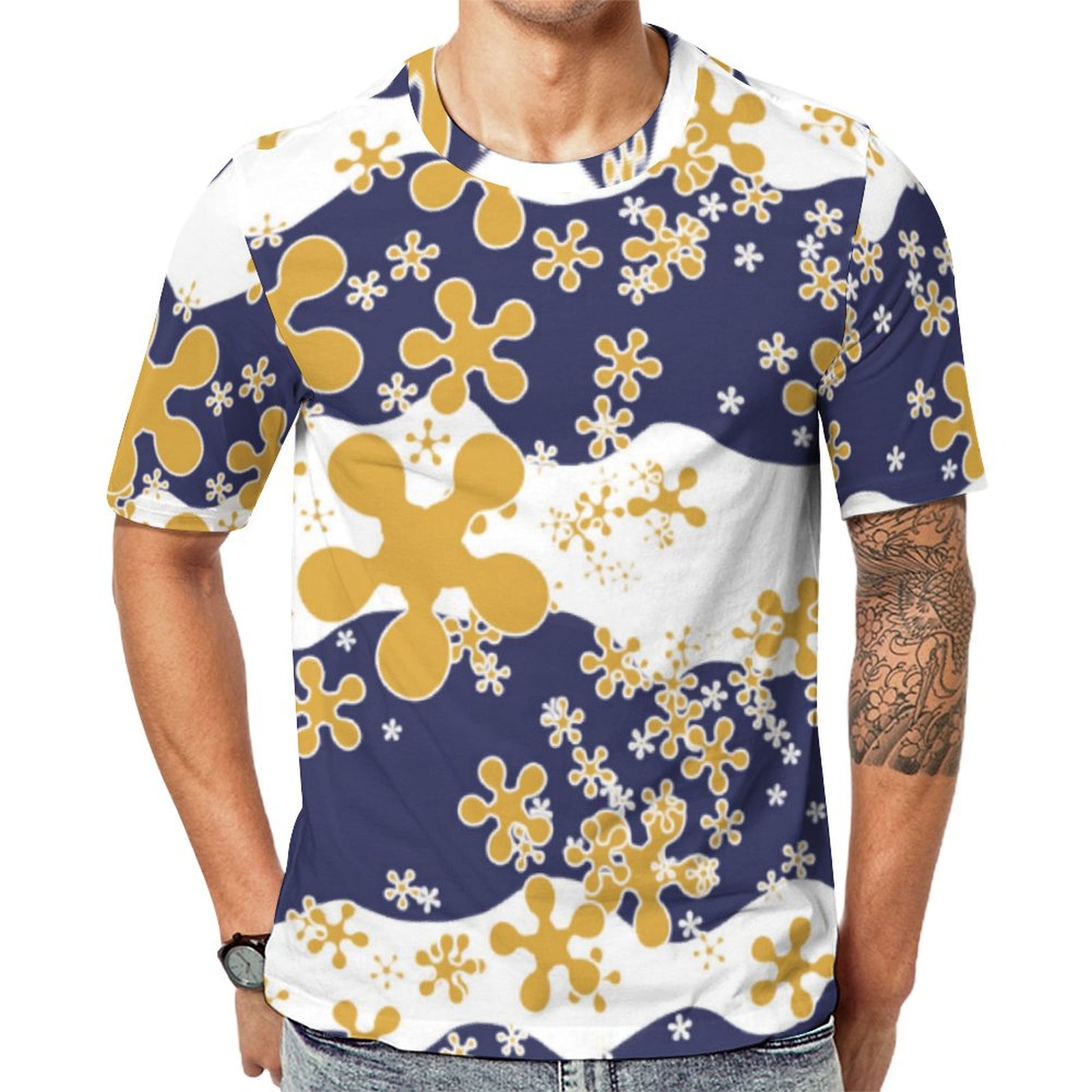 Waves Navy Blue Mustard Yellow White Flower Short Sleeve Print Unisex Tshirt Summer Casual Tees for Men and Women Coolcoshirts