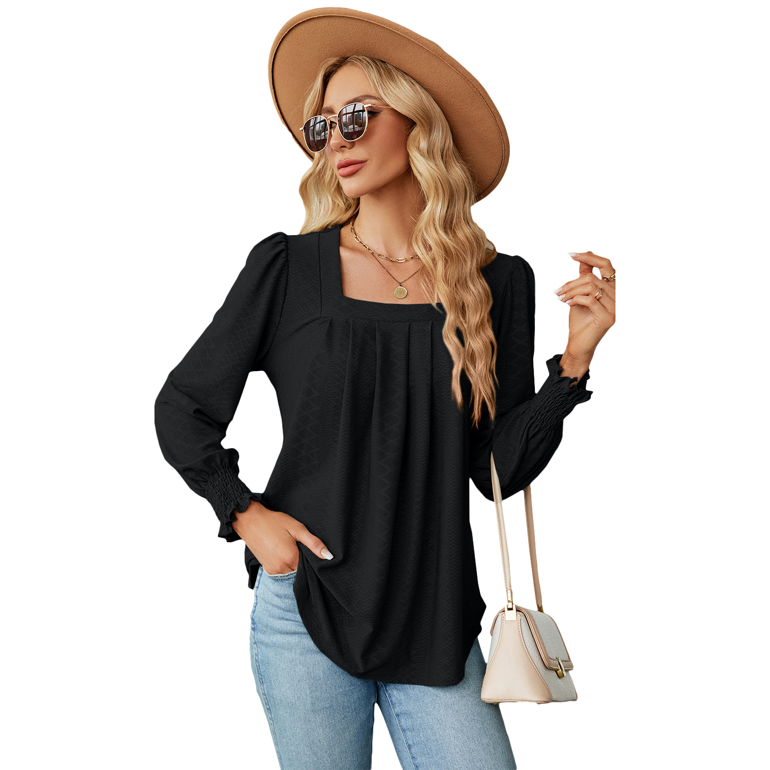 Mature Women Square Neck T-shirt Fashion Solid Color Long Sleeve Pullover Tops