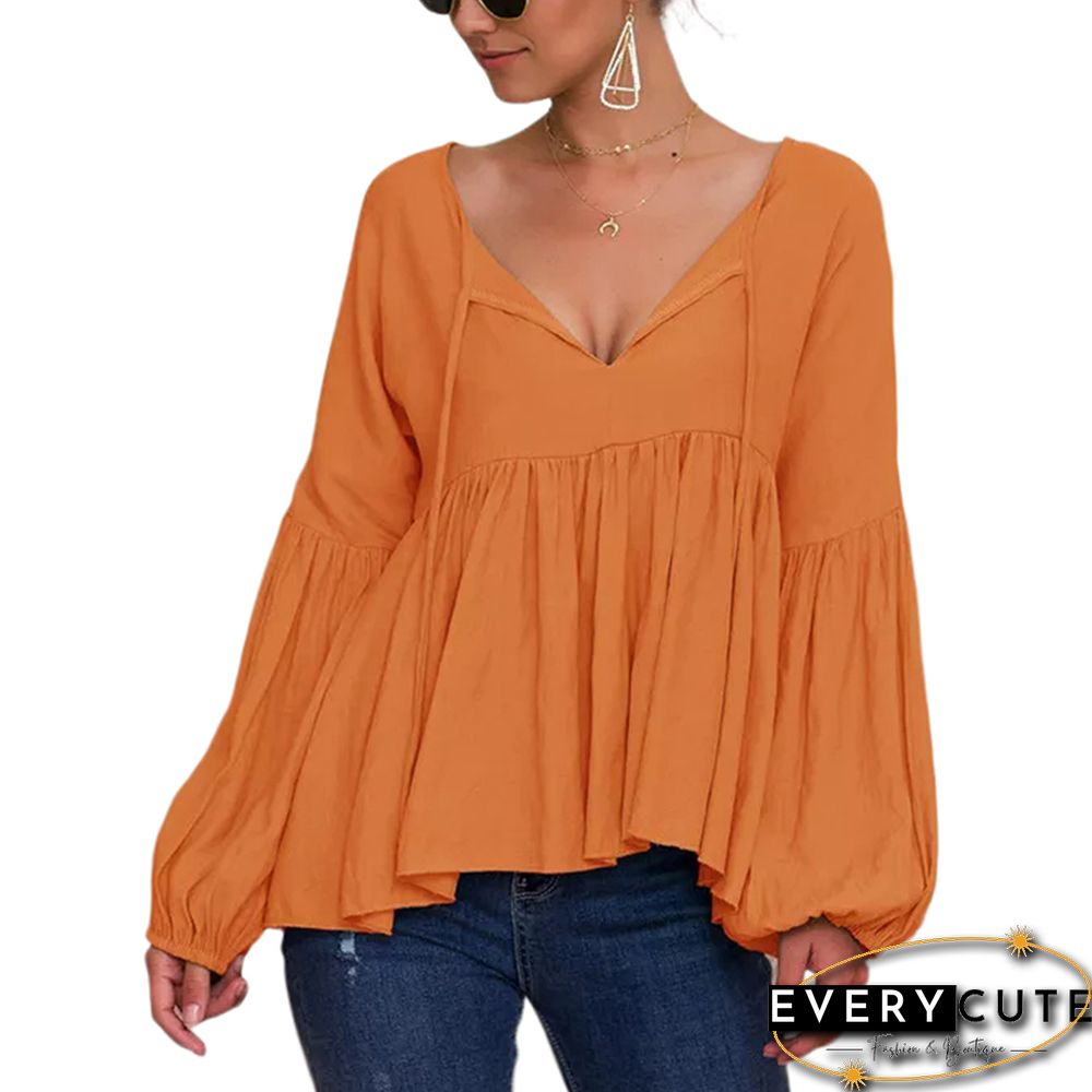 Orange V Neck Ruffled Puff Sleeve Blouse