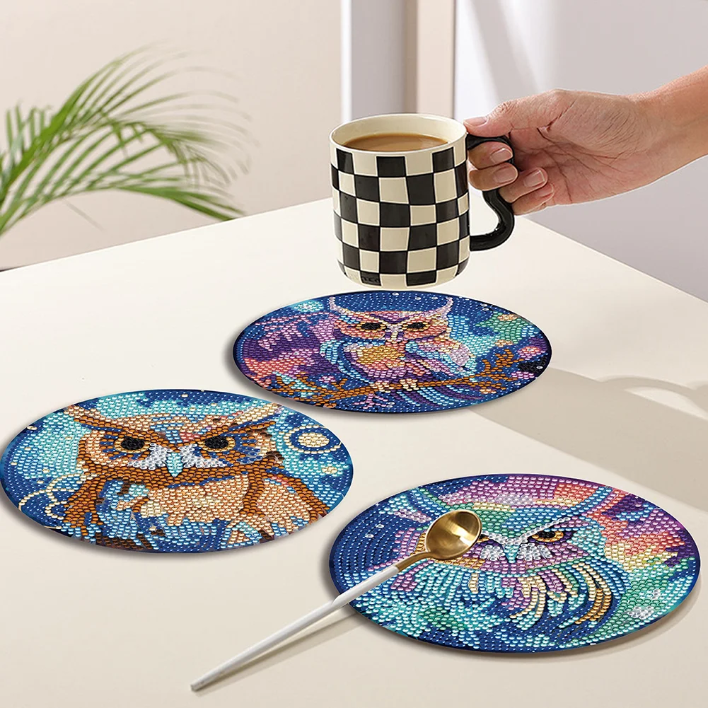 4pcs DIY Owl Wooden Diamond Painted Placemats for Dining Table Decor(15*15cm)