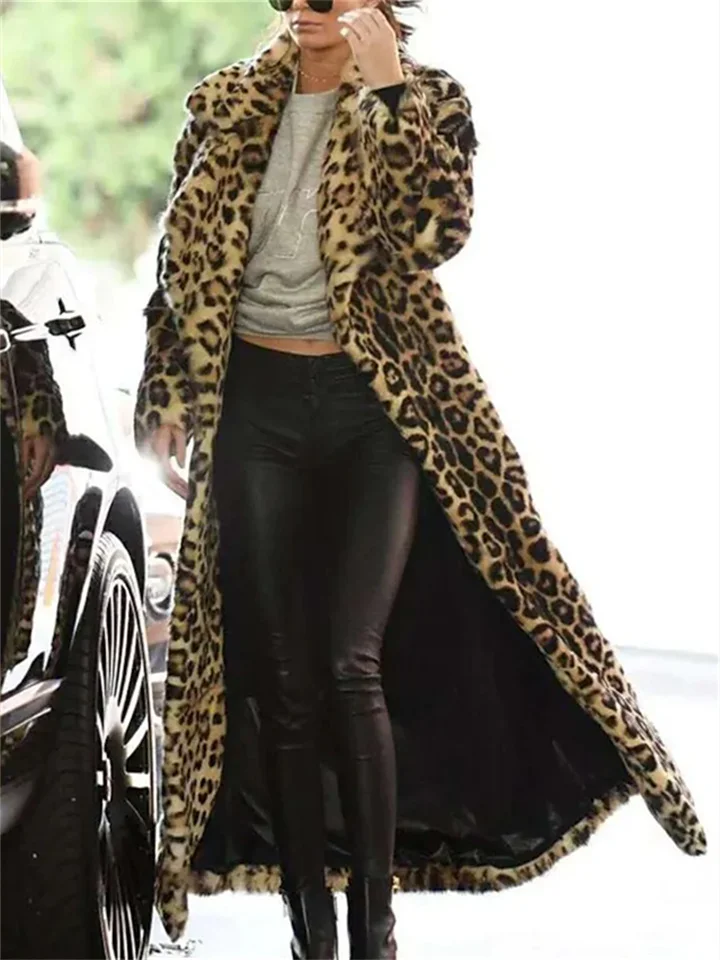Women's Faux Fur Coat Maxi Coat Khaki Sexy Street Fall Open Front Turndown Regular Fit M L XL XXL XXXL 4XL / Daily