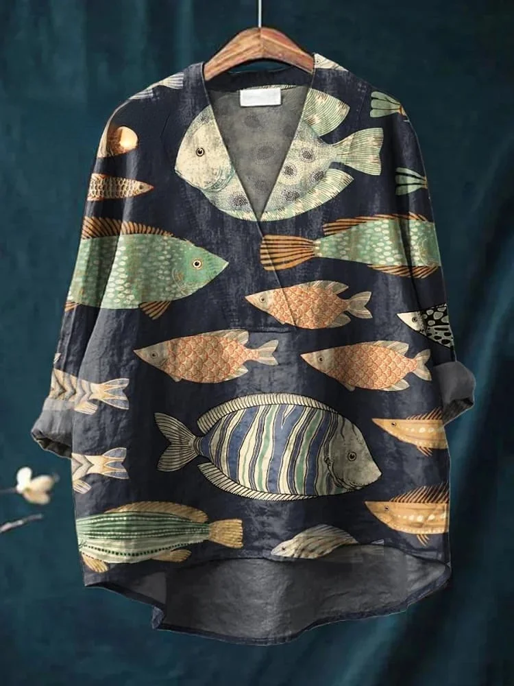 Women's Vintage Lovely Fish Art Print Casual Cotton And Linen V-neck Shirt
