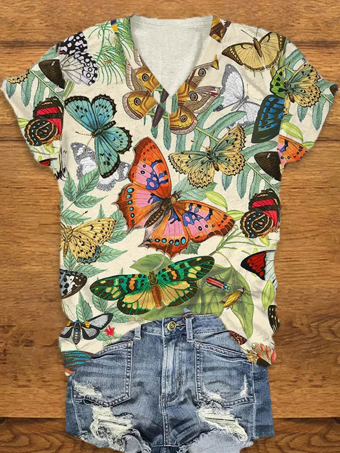 Women's Boho Art Butterfly Spring Plant Print V Neck T-Shirt