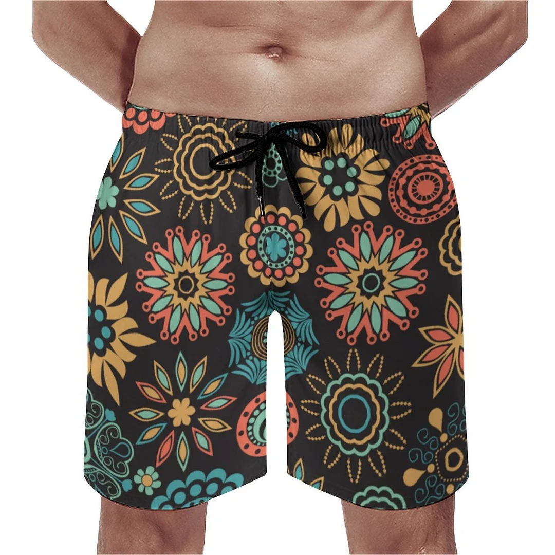 Abstract Orange And Teal Floral Men's Swim Trunks Summer Board Shorts Quick Dry Beach Short with Pockets