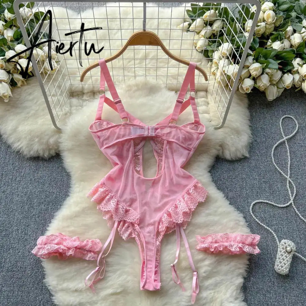 Women Sexy Floral Lace Strappy Bodysuit Fashion One Piece Rompers Lingerie Erotic Tight Embroidery Combination Catsuit Aiertu