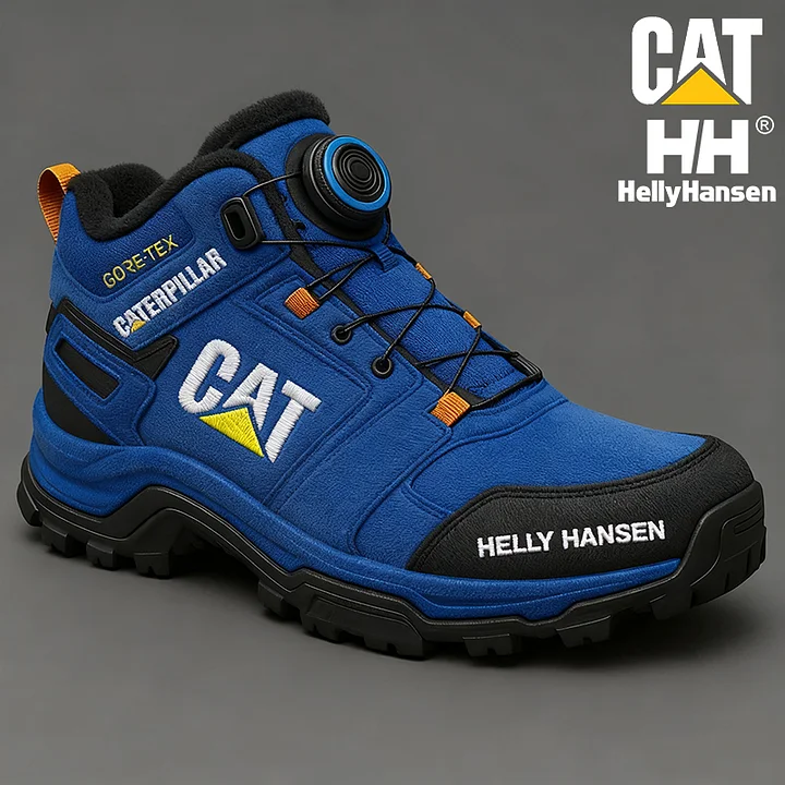 Ciepłe, zimowe, wodoodporne i odporne na przebicie męskie buty robocze marek CAT i Helly Hansen.