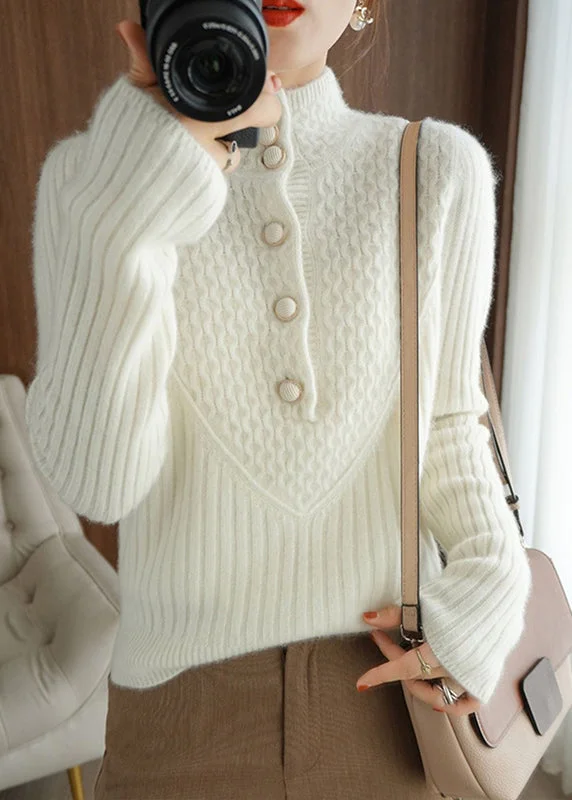 Classy White Stand Collar Button Thick Patchwork Knitted Sweaters Fall