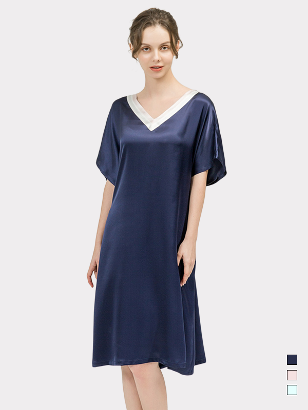 19 MOMME Robe de nuit en soie classique col V - grande taille Bleu