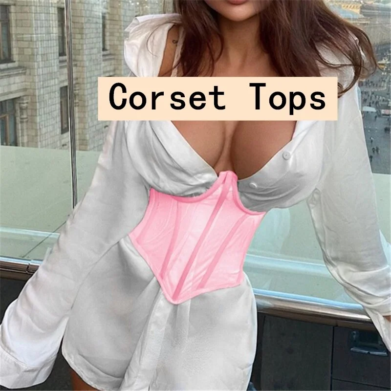 Sampic Chic Patchwork Mesh Sleevless Women Bustier Corset Tube Tops Wrap Skinny Vest Crop Tops See Through Underwire Tank Tops