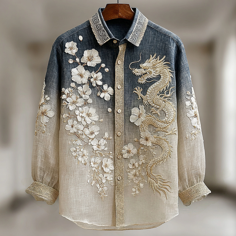 Men's Japanese Art Dragon And Almond Blossom Pattern Long-sleeved Shirt elevenforest