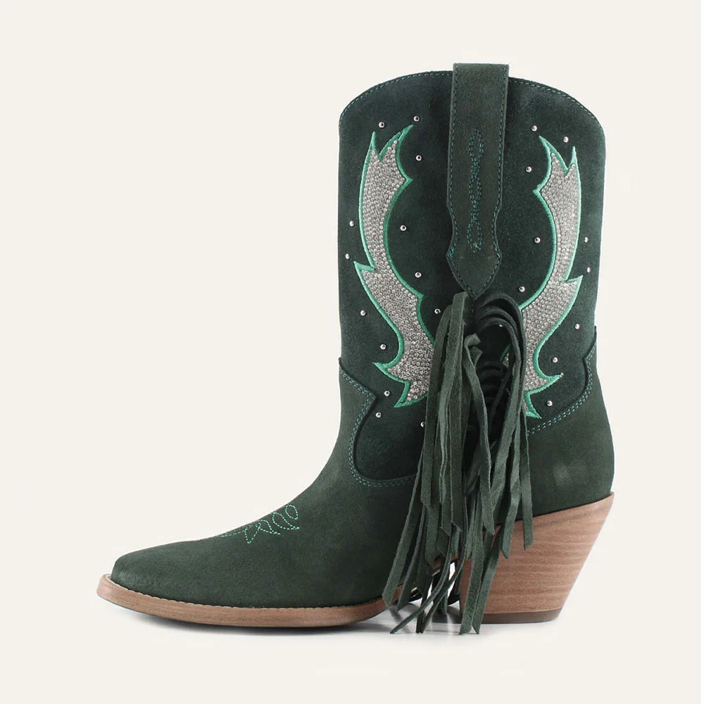 Snip Toe Studded Stacked Heel Fringe Rhinestone Cowgirl Boots in Green