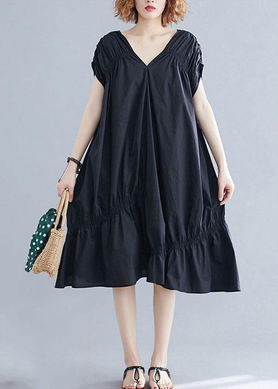 DIY v neck Cinched Cotton clothes Shape black Dresses