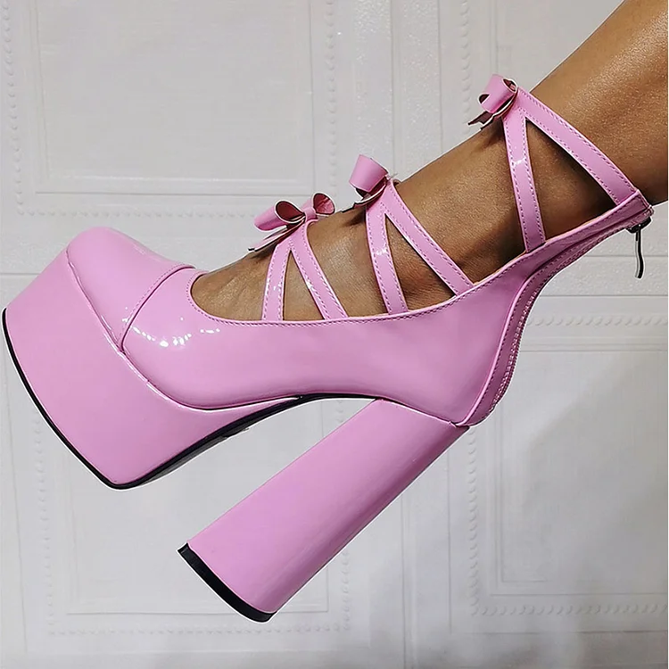 Pink Bow Strappy Chunky Heel Pumps Vdcoo