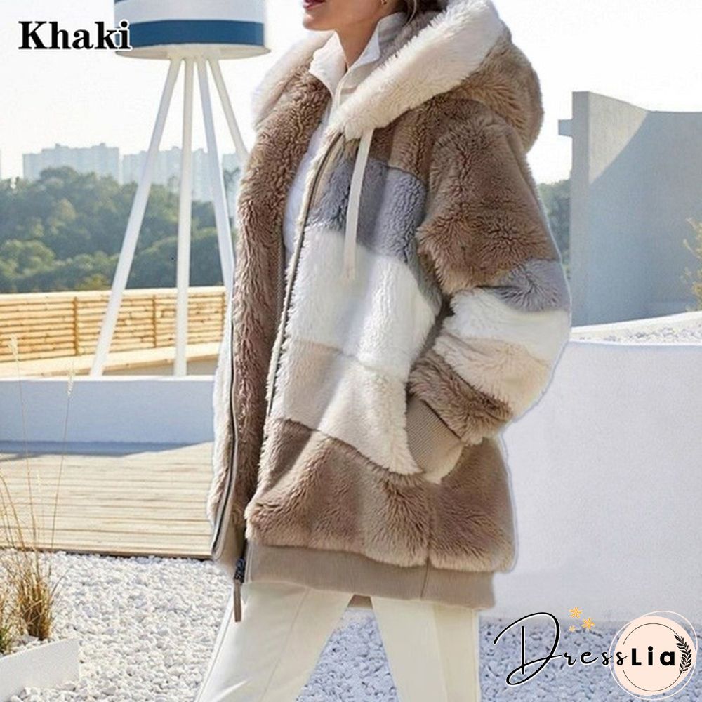 New Winter Womens Jacket Hooded Warm Plush Loose for Women Patchwork Outerwear Faux Fur
