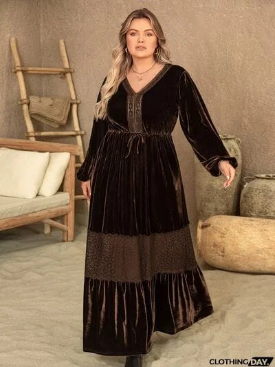 Plus Size V-Neck Balloon Sleeve Maxi Dress