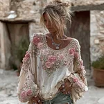 Women's Vintage Pink Rose Embroidery Art Round Neck Long Sleeve Linen Blend T-shirt - Image 2