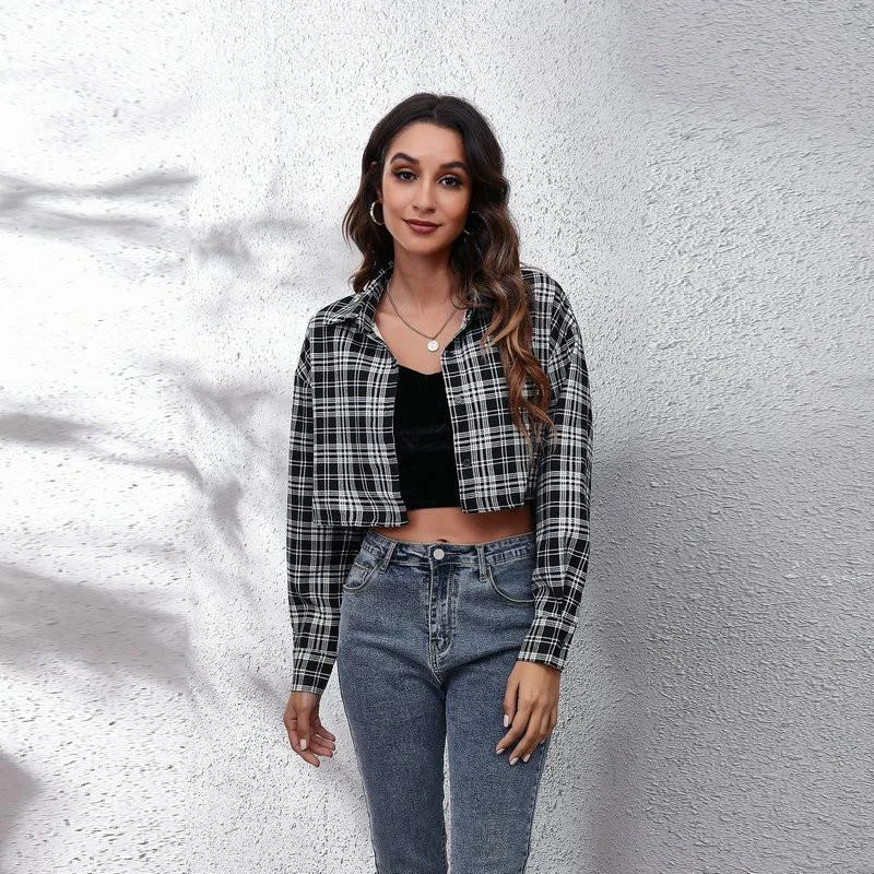 Jangj Women Plaid Print Single Breasted Crop Jacket Long Sleeve Turn-down Collar Autumn Casual Jackets Women Loose Thin Jackets