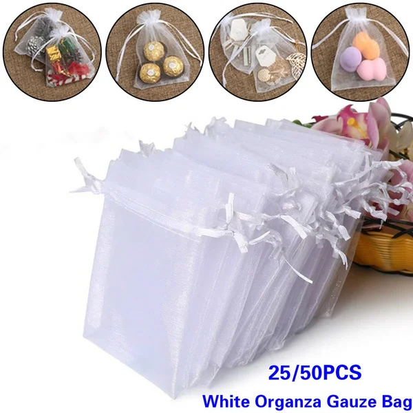 25/50Pcs Candy Christmas Favor Party Supply Wedding Organza Gauze Sachet Drawstring Pocket White Pouches Gift Bags