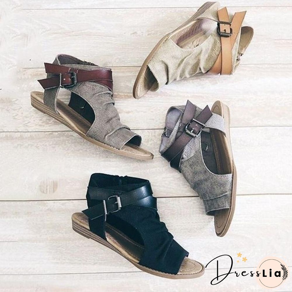 Summer Women Fashion Flat Sandals Girls Retro Roman Buckle Sandals Plus Size