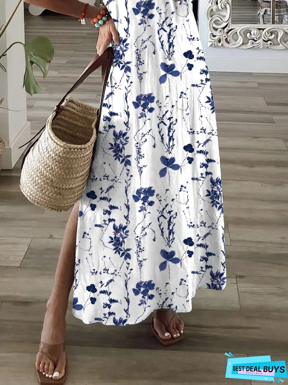 Women's Shift Dress Short Maxi Dress Short Sleeve Floral Print Summer Fall V Neck Casual Geometric Printed Dress