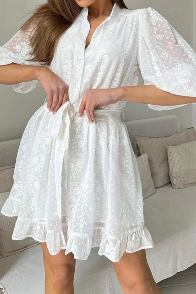 Women's 2024 France Style Lace Mini Dress Mid Sleeve Single Breasted White Boho Dresses