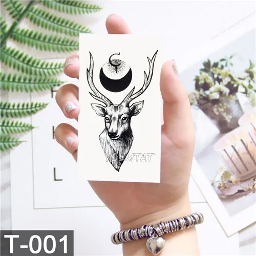 Black Geometric whale Temporary Tattoo Moon Deer Rose Tattoo Stickers Women Party Body Arm Art Fake Tattoo Leaf Men Flower Hands