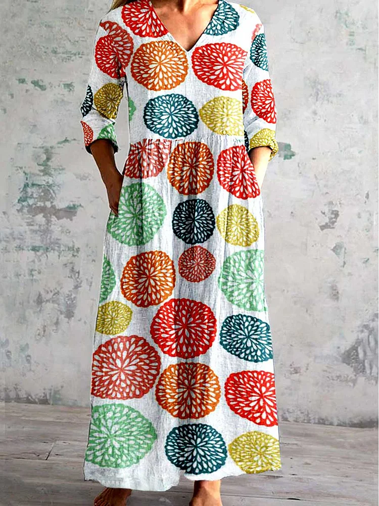 Women's Art Seaweed Pattern V Neck Dress with Pockets