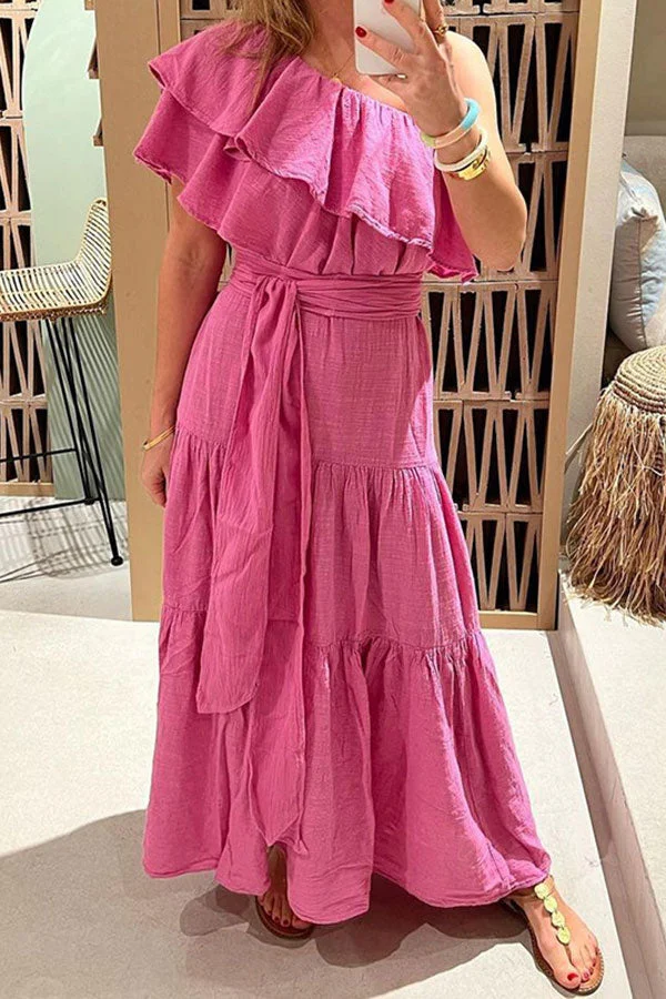Solid Color Feminine Lace-Up Tiered Ruffle Maxi Dress