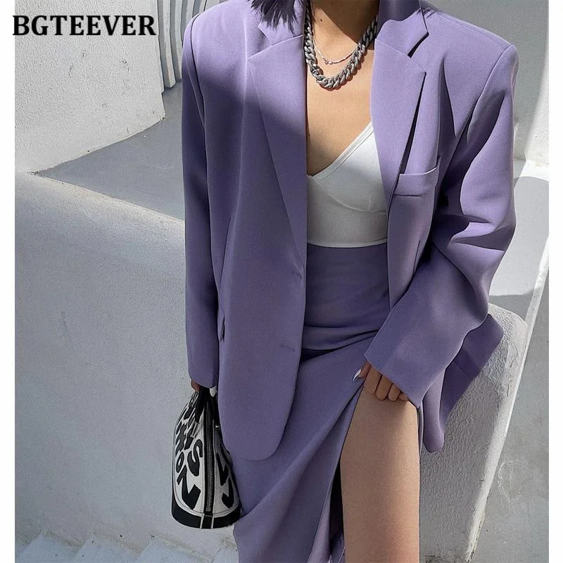 BGTEEVER Spring Women Purple Skirt Suit  Elegant Single-breasted Suit Jacket & Split Pencil Skirt Summer Ladies Blazer Set
