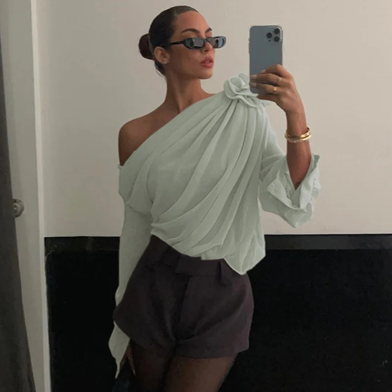 Uveng Uveng 2023 New Women's Sexy Fashion Street Hot Girls Diagonal Shoulder Chiffon Slim T-Shirt Top Women