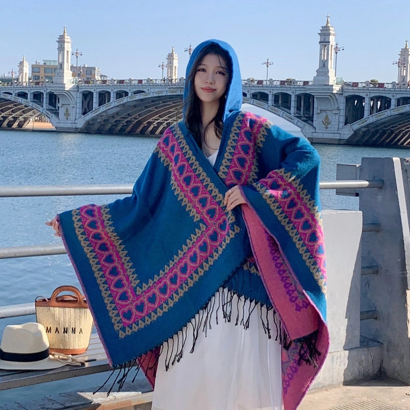 Ethnic Style Hooded Shawl Cloak Lijiang Xinjiang Tibet Northwest Tourism Wear Photograph Warm Outer Cape