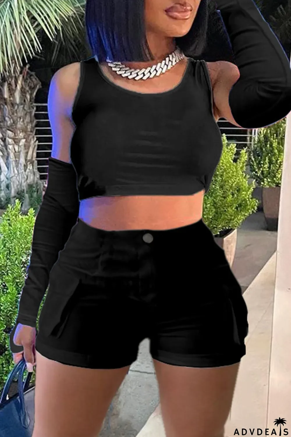 Khaki Casual Solid Basic O Neck Four Piece Set (With Sleeves)