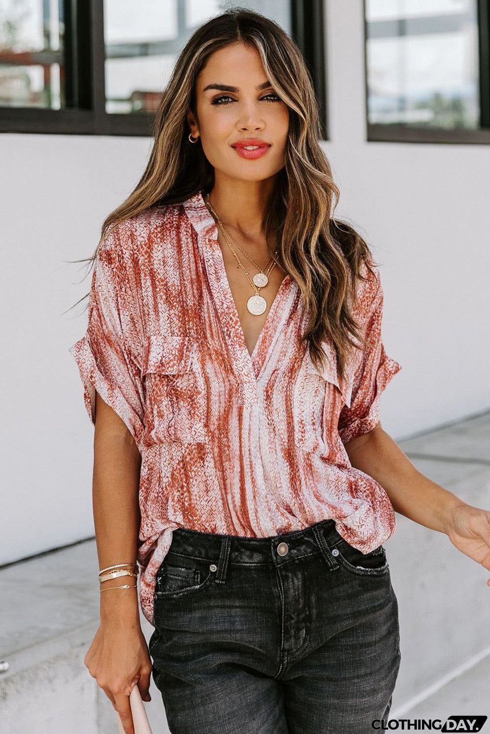 Printed Pocket Short Sleeve Blouse