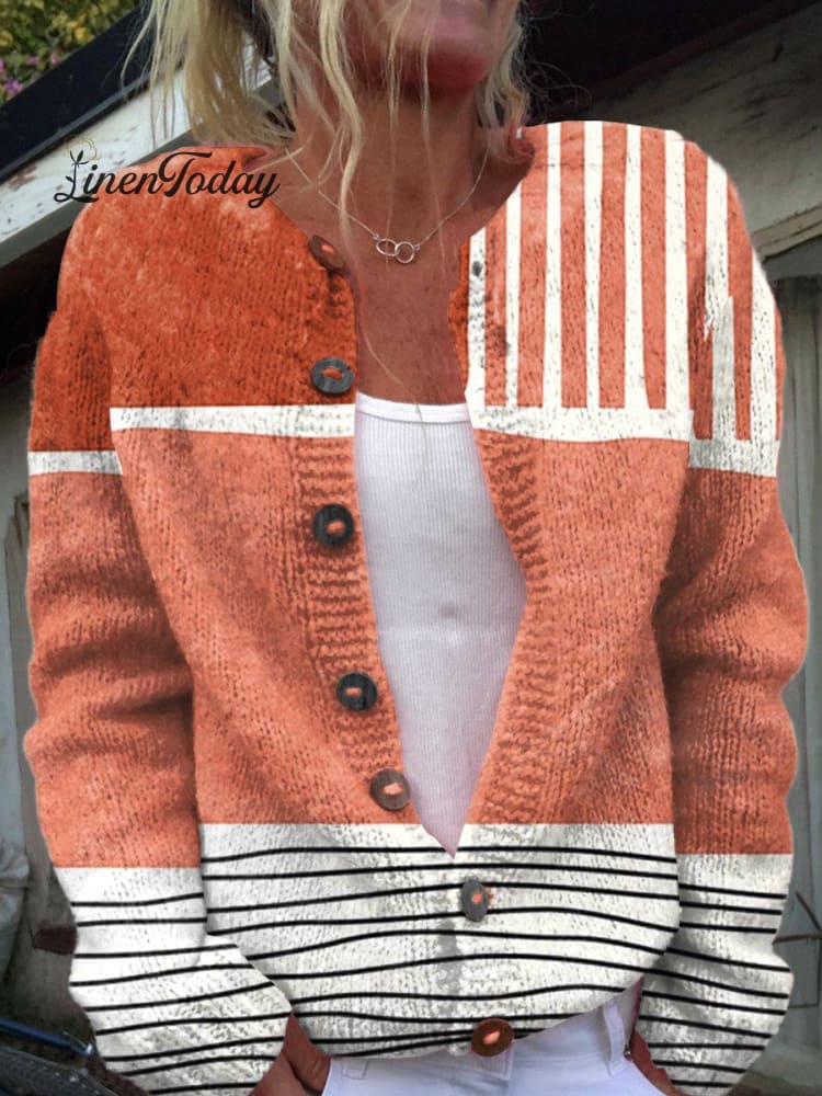 Retro Abstract Art Print Casual Buttoned Cardigan Sweater Multicolor / S