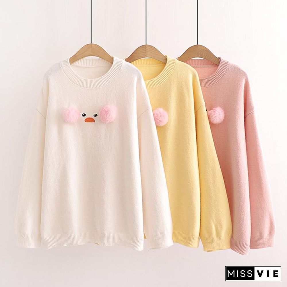 Duck Embroidery Fuzzy Ball Sweater