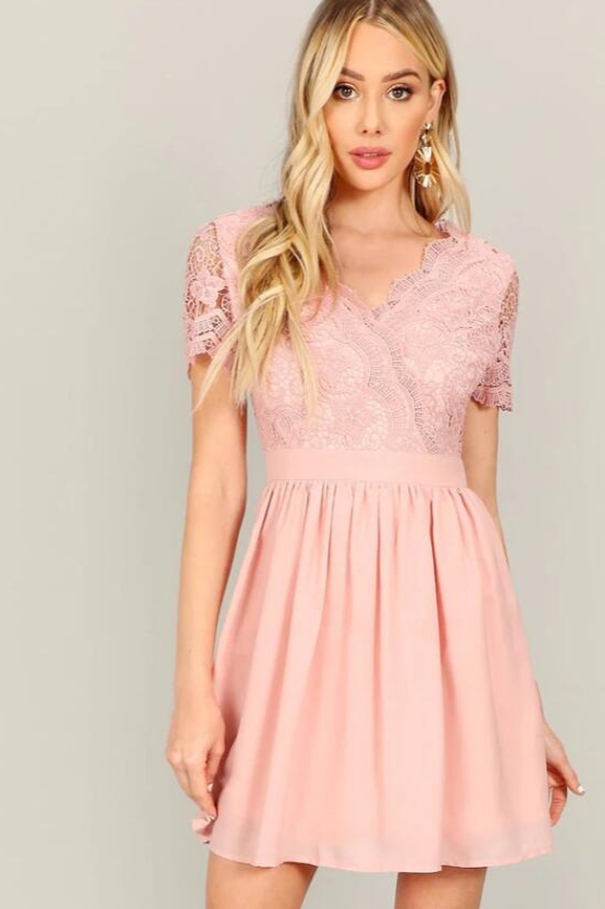 Pink Short Sleeve Lace Homecoming Dress Online