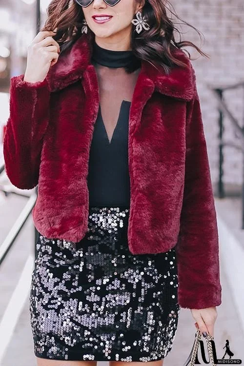 MidiSono - Turndown Collar Faux Fur Short Coat