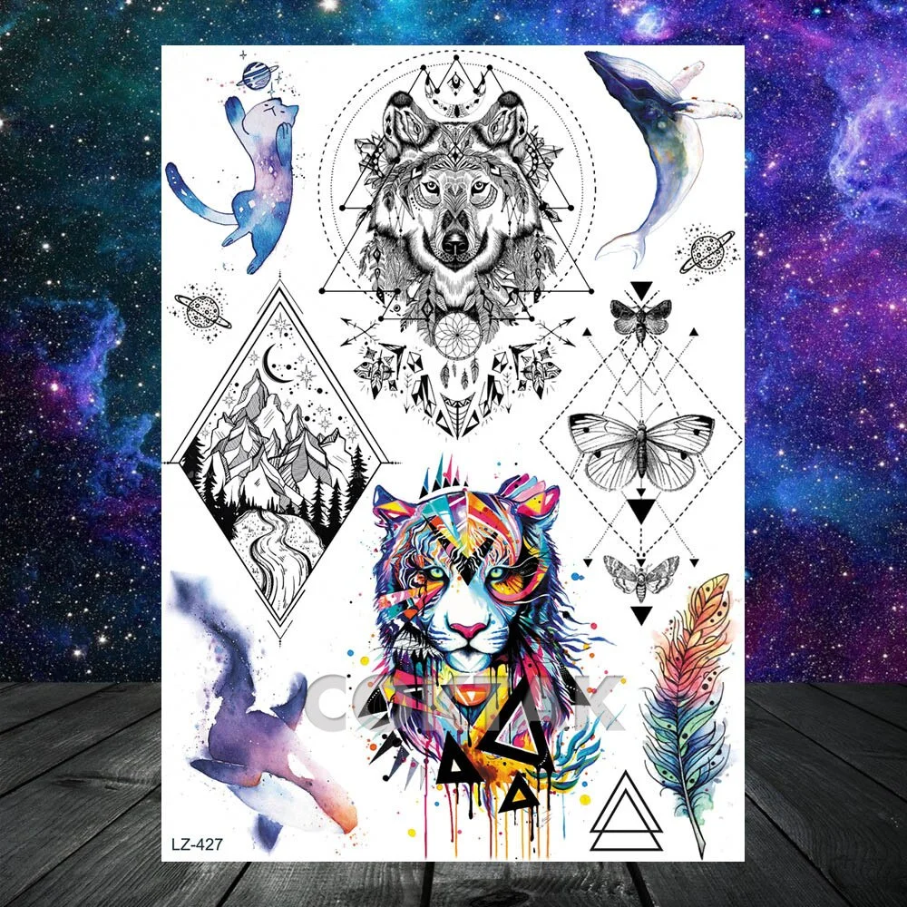 Geometric Skull Temporary Tattoos For Men Women Realistic Fake Wolf Gangster Tattoos Sticker Outer Space Planets Tatoos Washable